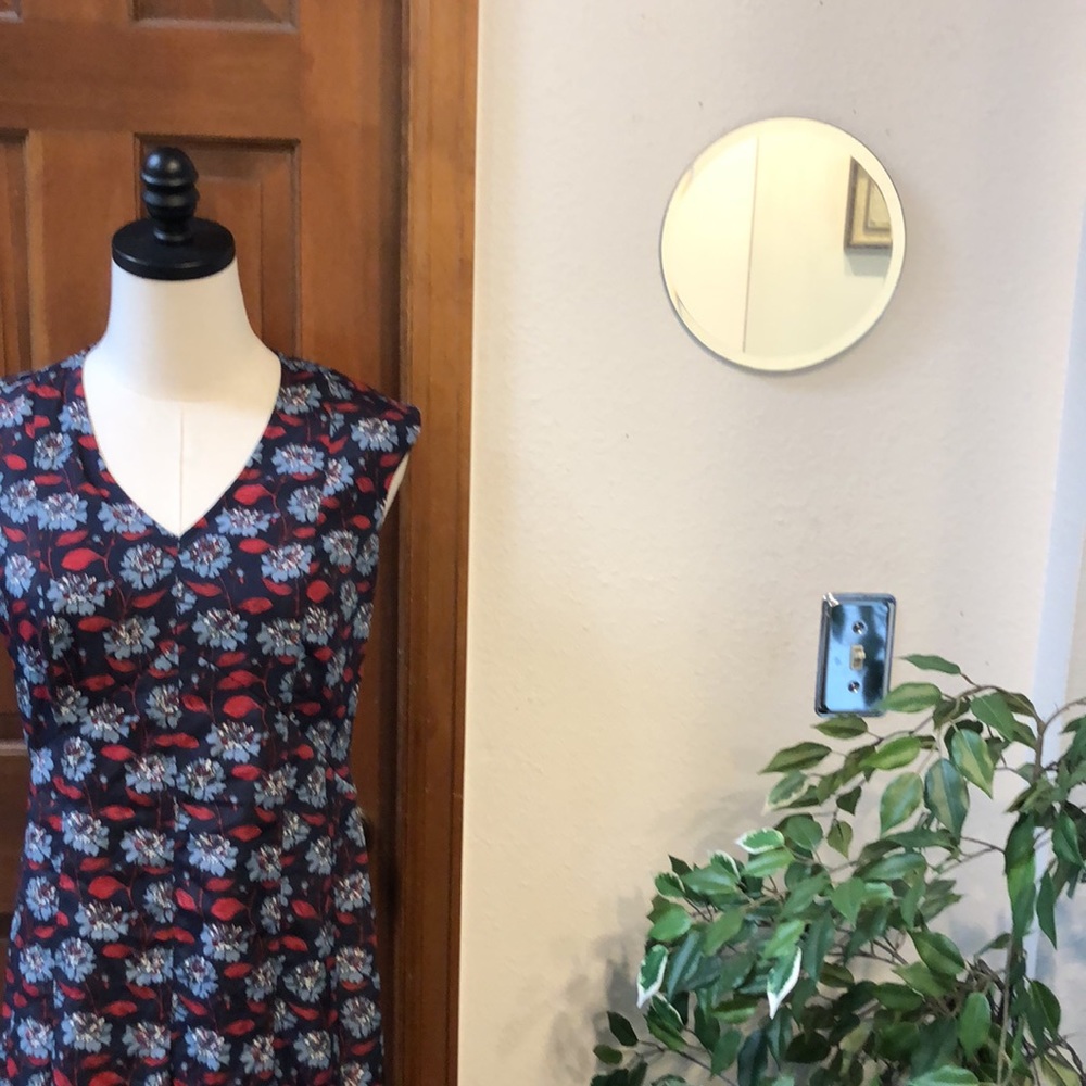 Brooks Brothers Navy Floral Midi Dress with Red and Light Blue Accents